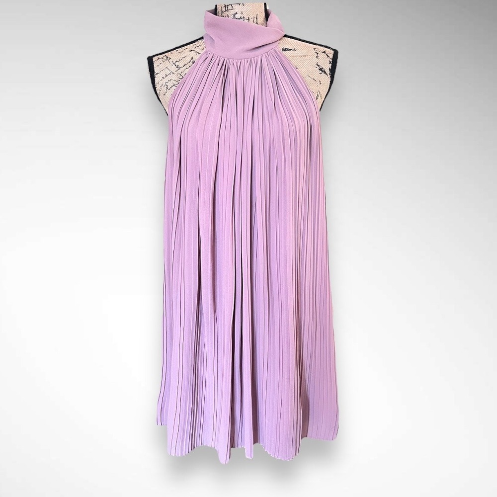NAKED ZEBRA Mauve Micro Pleated Mock Neck Halter Style Dress Medium | EUC